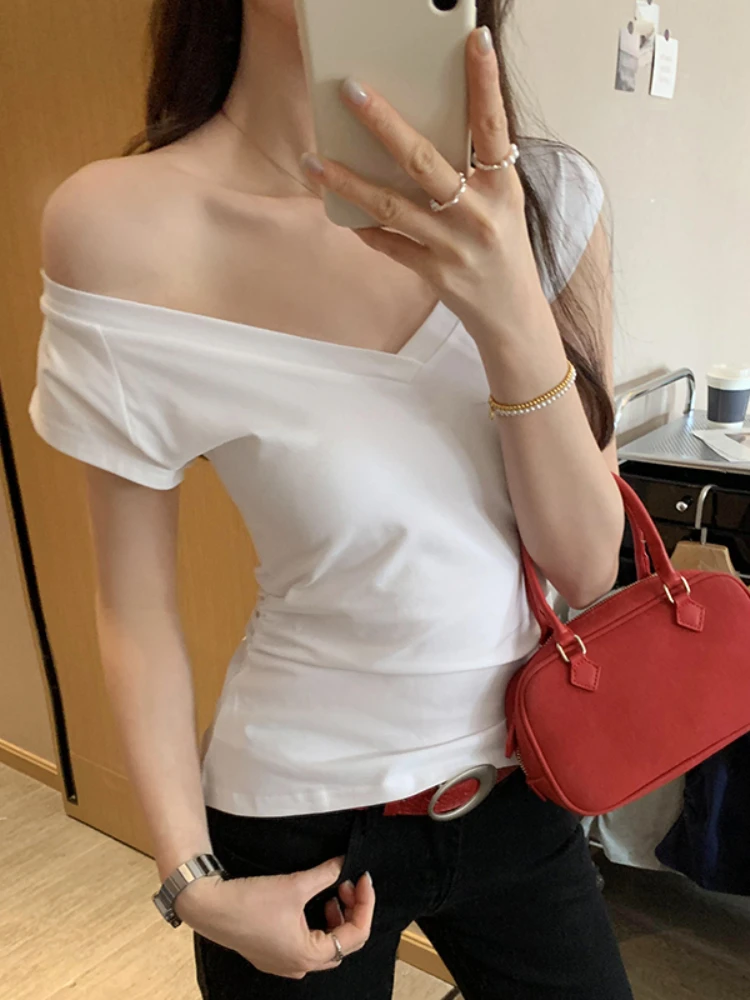 Katoen Korte Mouw T-shirt Vrouwen V-hals Tees Casual Witte T-shirts Basic Tops Koreaanse Vrouw Kleding Zomer Ropa De Mujer 2025