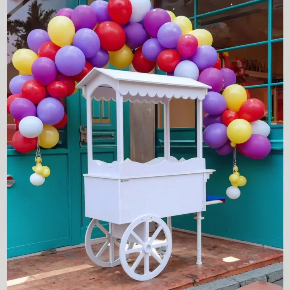 

Wedding Kids Custom Wooden and PVC Candy Cart Wooden Display Stand Sweet Stick Cake Party Decoration with Wheels
