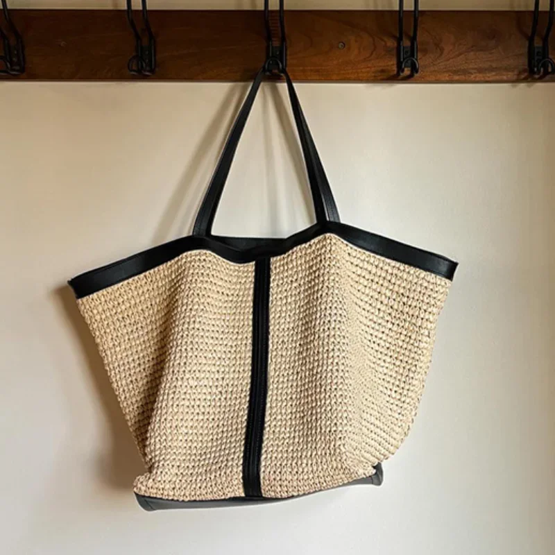 

New Fashion Tote Bag Brand Design Straw Bag French Elegant Splicing Handbag Large Capacity Underarm Tote Bag Simple Shoulder Bag