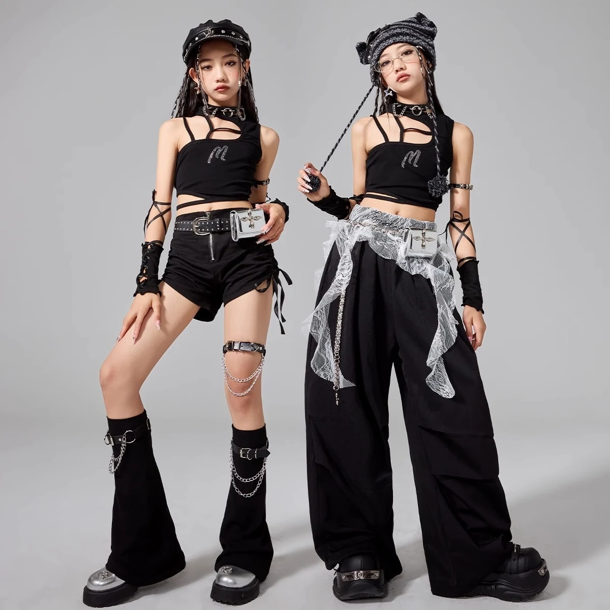 2025 sommer Kinder Jazz Dance Kostüm Mädchen Unregelmäßigen Nabel Tops Schwarze Hosen Kpop Straße Kleidung Bühne Leistung Tragen BL 16703