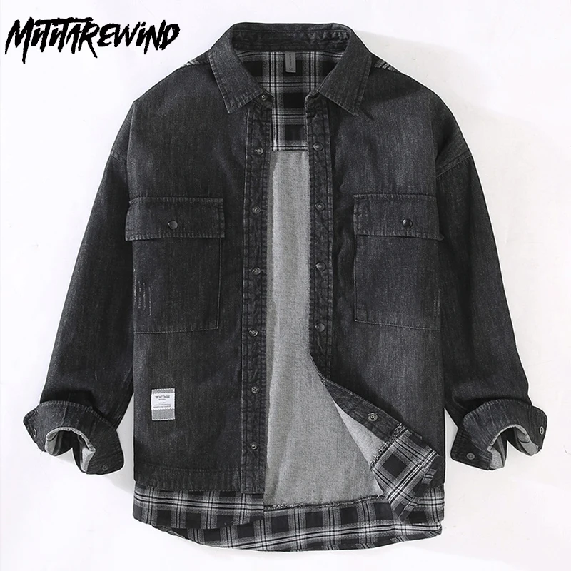 

Washed Distressed Black Jean Shirts Men Causal Street Long Sleeve Denim Shirt Men Plaid Patchwork Fake Two-piece Vintage Shirt