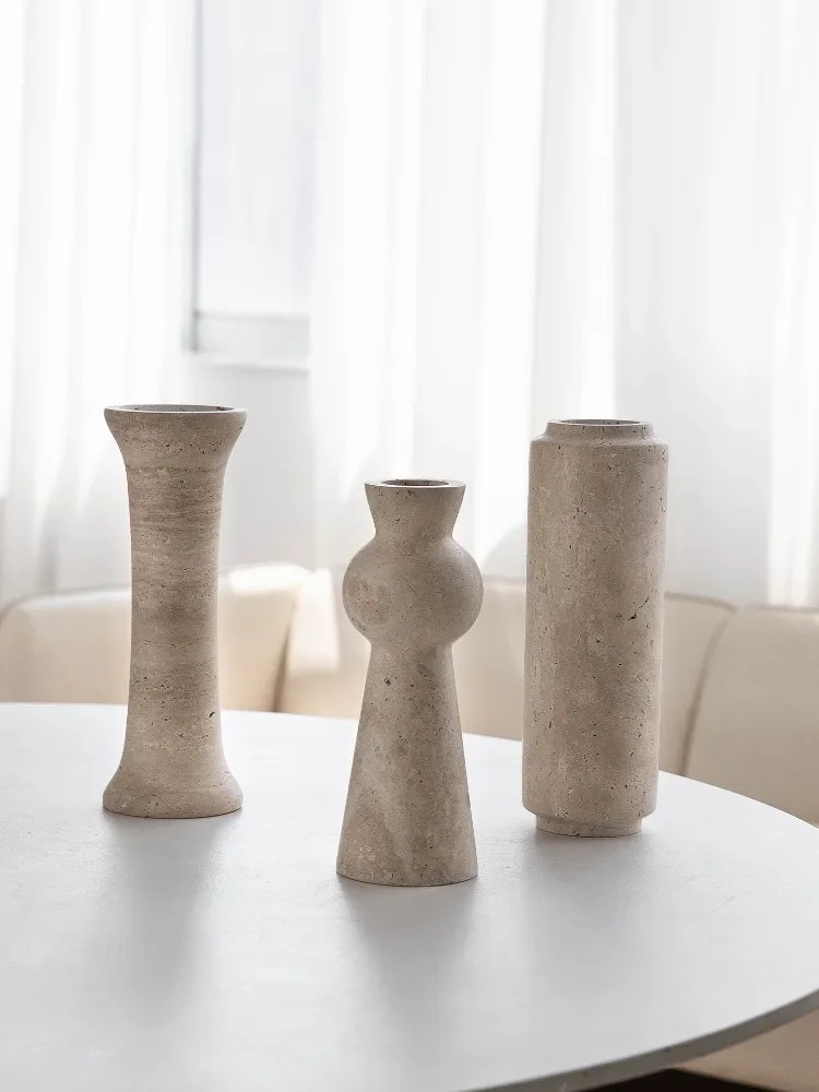 Wabi-sabi Natural Travertine Flower Vase, Handmade Stone Decorative Vase, Elegant Marble Art Centerpiece for Living Room Table