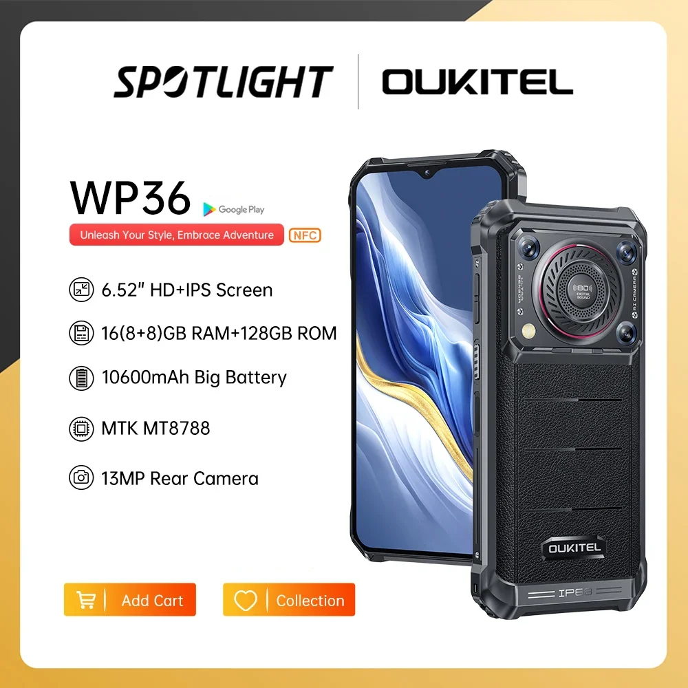 Oukitel WP36 Rugged Smartphone 10600mAh 6.52" HD+ Cell phone 16GB 128GB Mobile Phone Android 13 13MP Camera