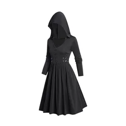 Buckle Gothic Hooded Dress Plain Color Long Sleeve A Line Casual Dress Spring Fall Black Dresses For Women 2024 New