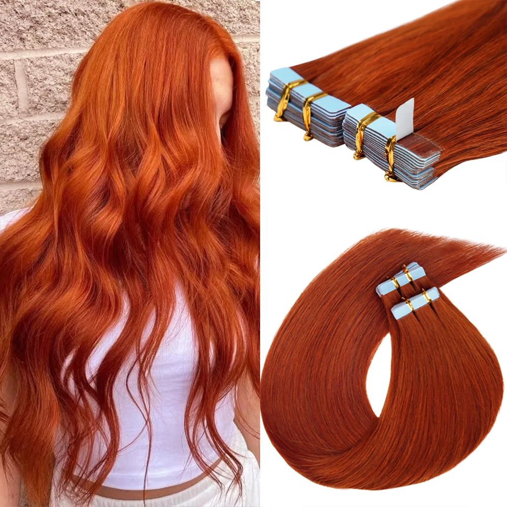 Doreen Machine Remy Ginger Tape In Human Hair Extensions 16 to 24 Inch 50g/set PU Seamless Skin Weft 350# Cooper Red Hair Weaves