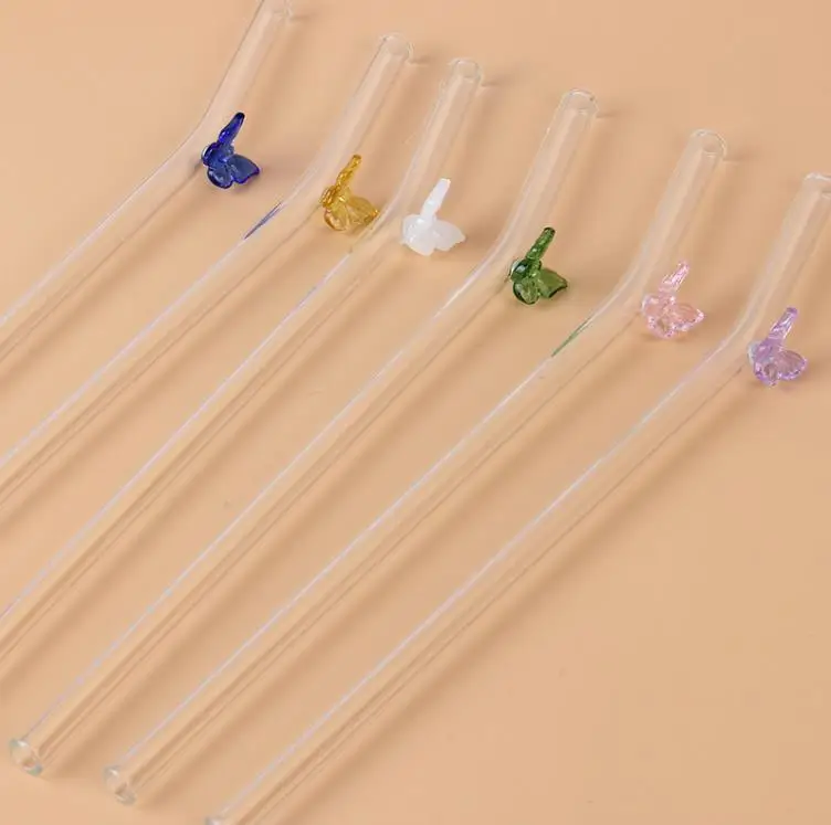 Reusable Borosilicate Butterfly Mushroom Glass Drinking Straws High temperature resistance Clear Colored Bent Cocktail Straw SN