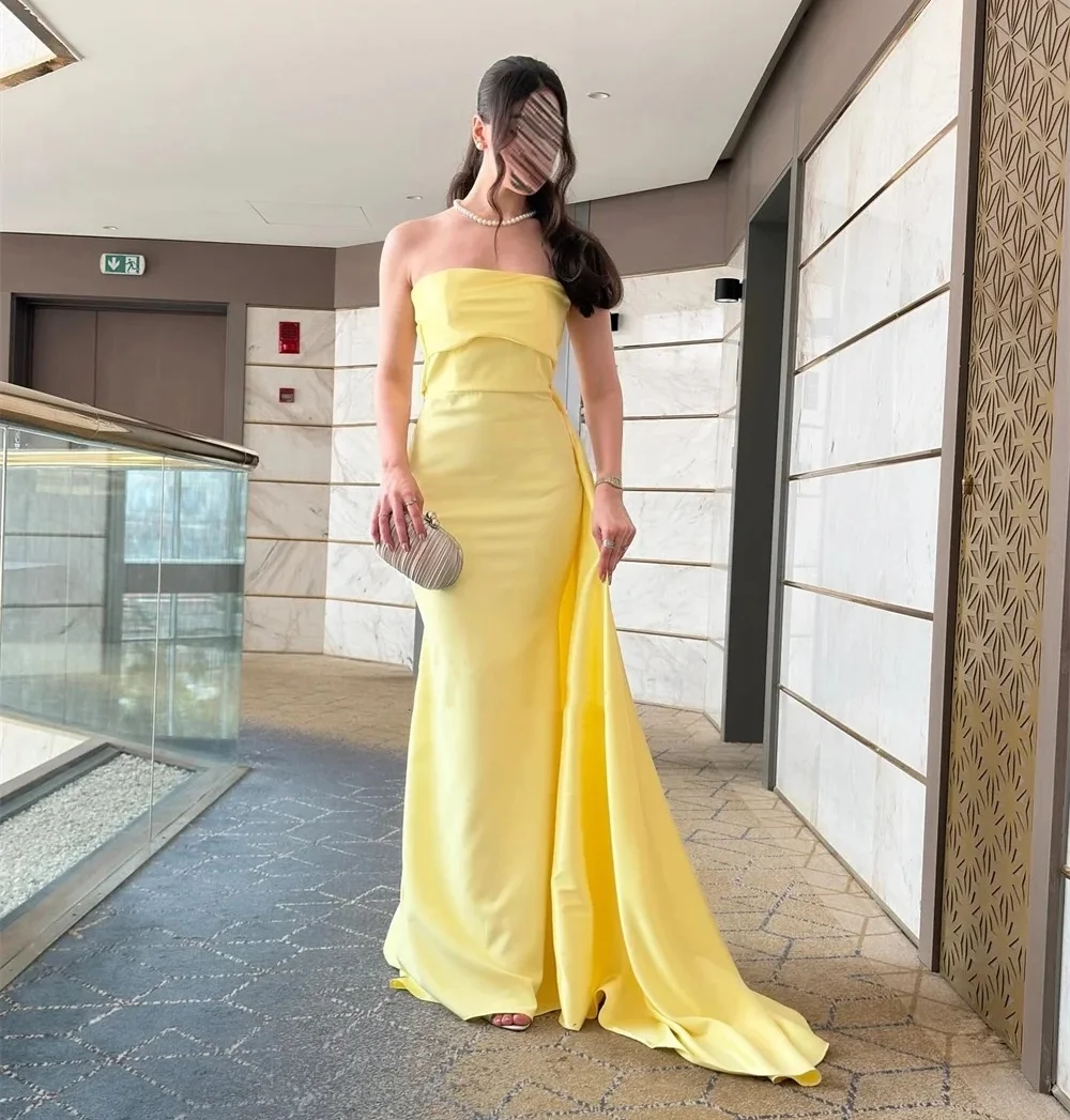 

Yellow Formal Long Bespoke Occasion Gown Evening Dresses Pastrol Unisex Jersey Retro Dubai Saudi Arabic Israel Prom Customized
