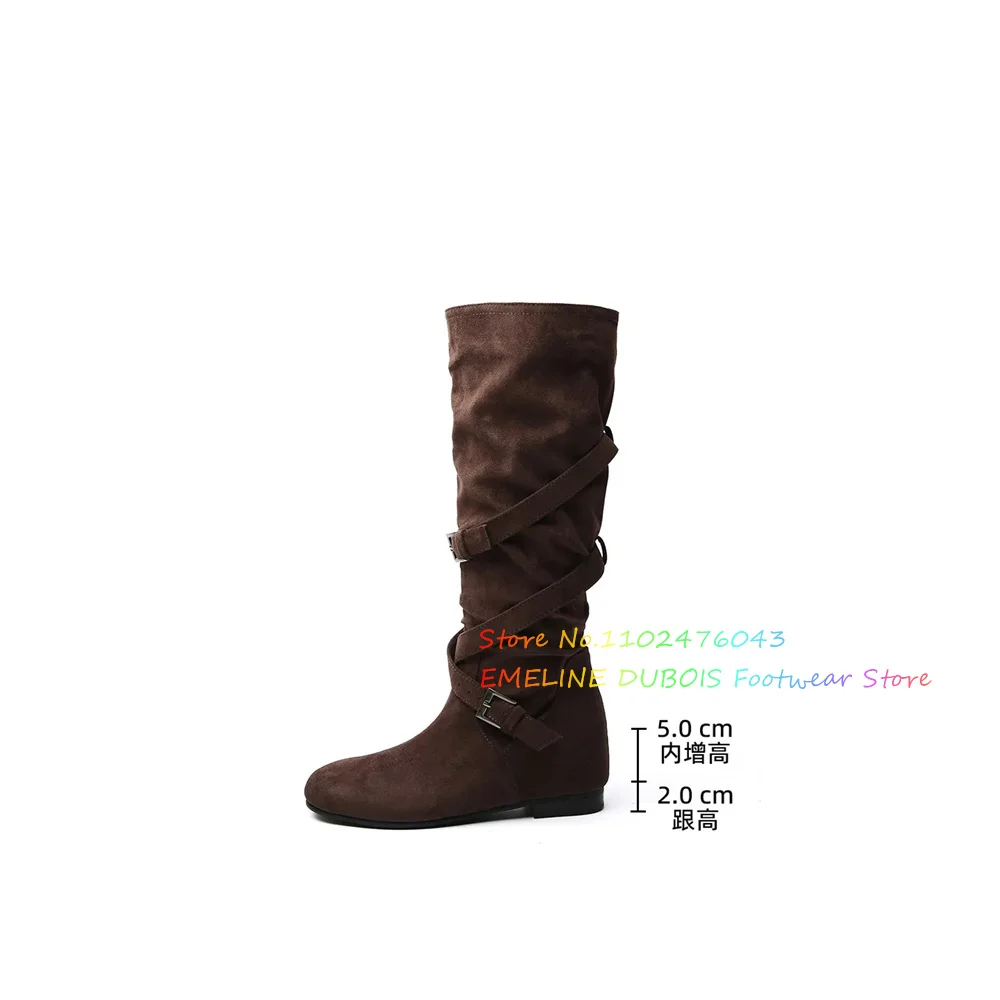7cm Height Increasing Pleated Pile Boots for Women Winter Round Toe Flat Bottomed Long Boot Solid Color Western Knee High Boot