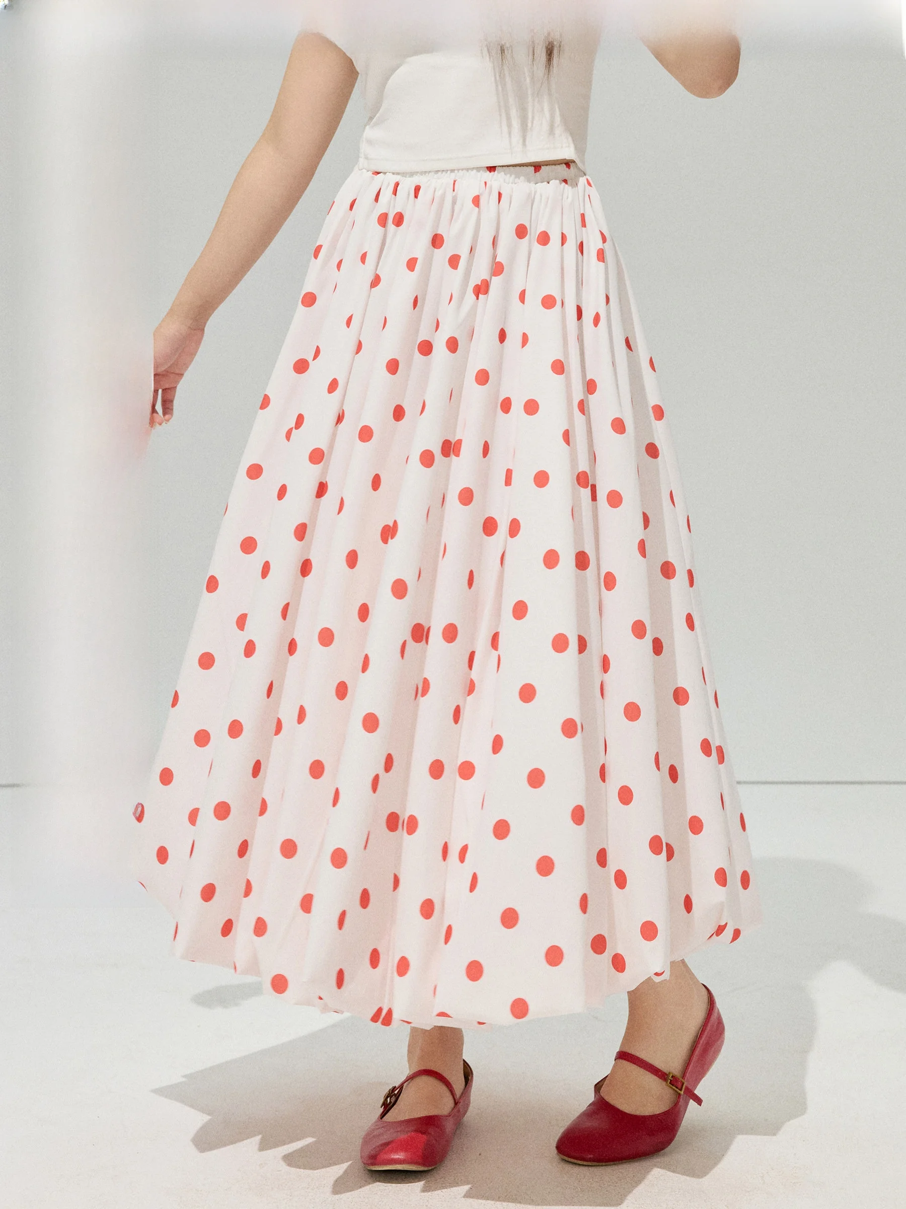 

Red Polka Dot Bubble Skirt plus Size High Waist A-Line Midi Skirt for Curvy Women Full Body Figure Flattering Spring Commute ...
