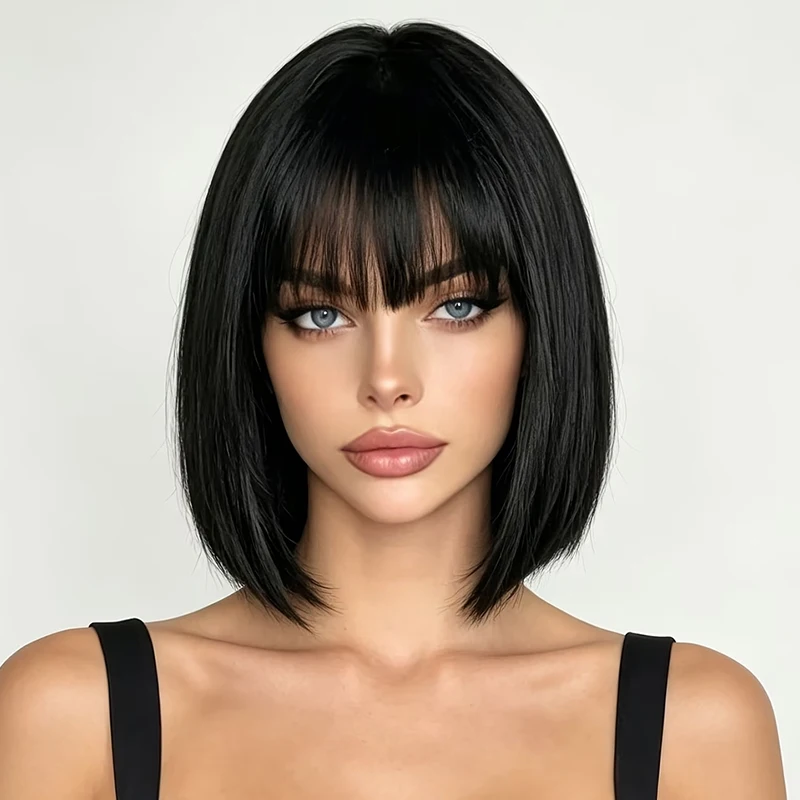 A 12-inch black synthetic wig for women, with light, voluminous bangs that look natural and are easy to wear