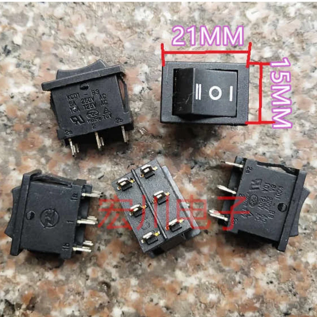 10pcs/ KCD1-B3 rocker rocker switch button 6 feet 2 gear 6A boat power toggle button 21*15