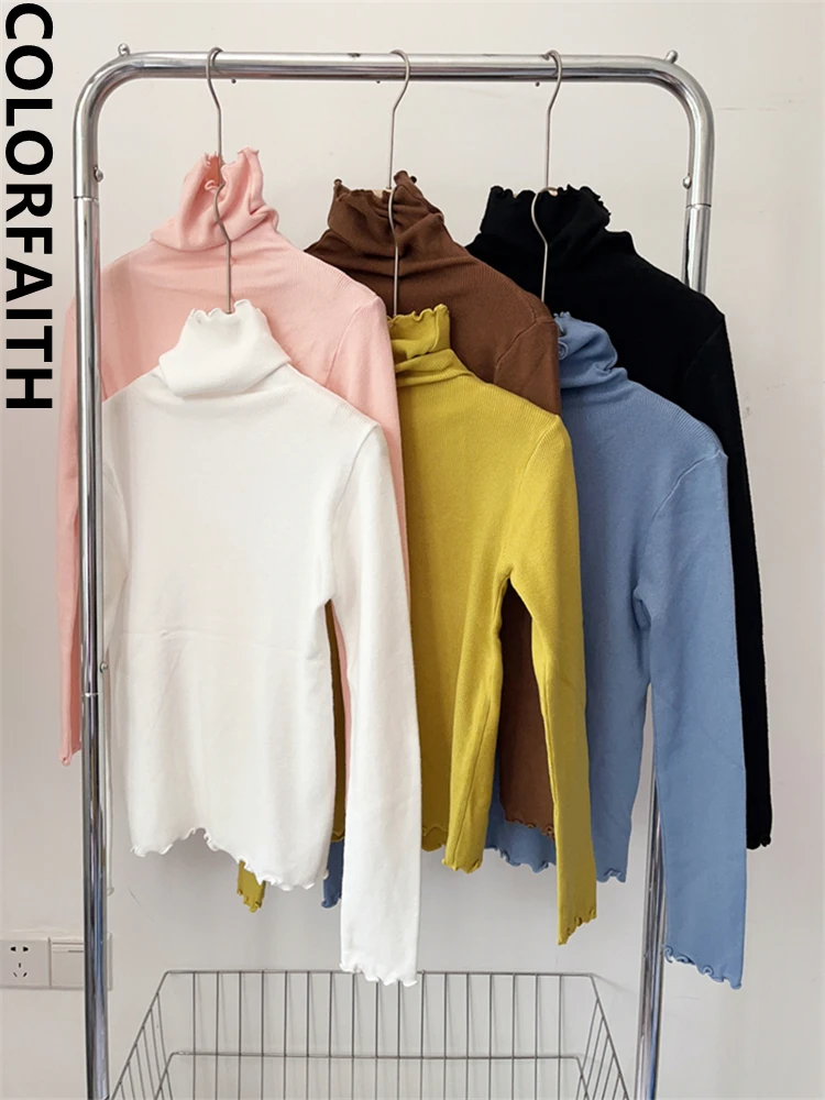 Colorfaith SW5450DG New 2023 Turtleneck Vintage Skinny Chic Korean Fashion Knitted Elegant Lady Women Autumn Winter Pink Tops