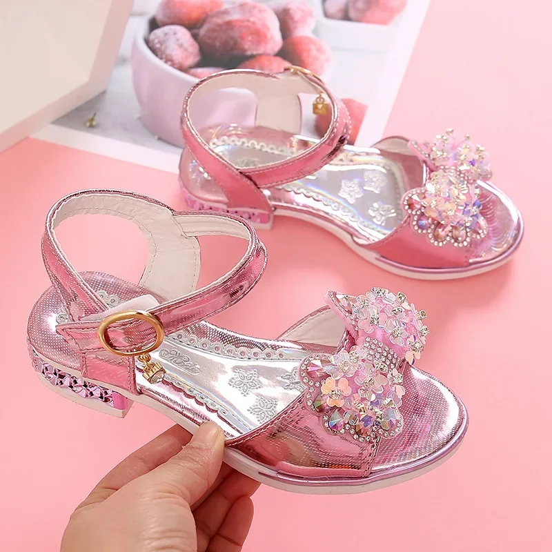 Girls Sandals with Shiny Bows Kids Dance Shoes Non-slip Soft Sole 2025 Summer New Children Princess Shoes for Party Wedding