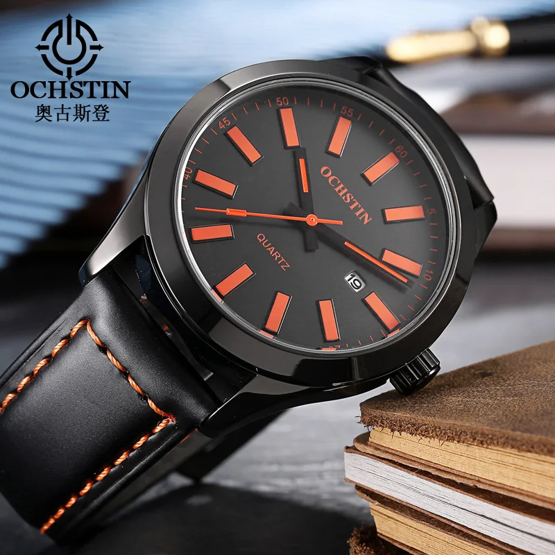 OCHSTIN Men's Legend Quartz Watch Features Balanced Alloy Case Solid Thickness Soft Skin-friendly Genuine Leather Strap Watches