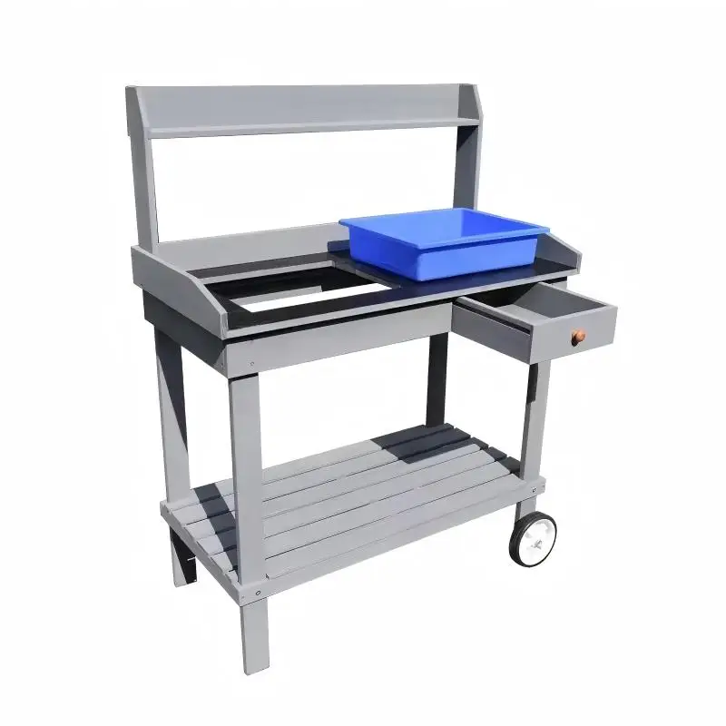 Mobile Wooden Garden Potting Bench with Drawer, Wheels & Planter Tray, Outdoor Planting Workstation with Storage Shelf