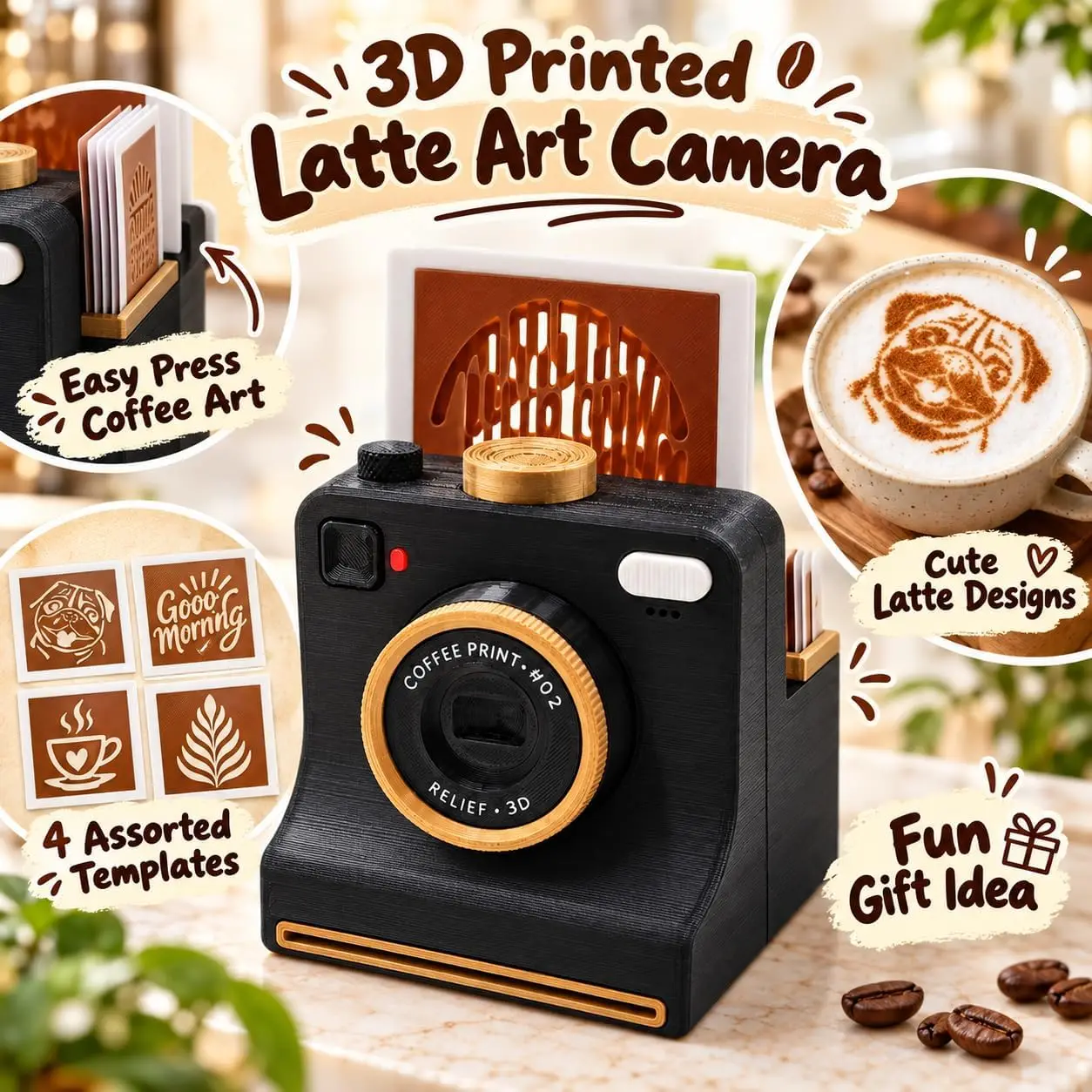 3D Printed Latte Art Camera One‑Touch Coffee Printer with 8 Stencil Cards Miniature Instant Camera Coffee Stencils Latte Art