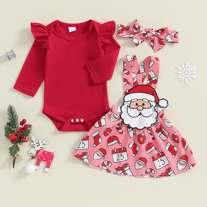 Baby Girls Christmas Romper Gingerbread Man Santa Claus Suspender Dress Headband Outfits Newborn Clothes