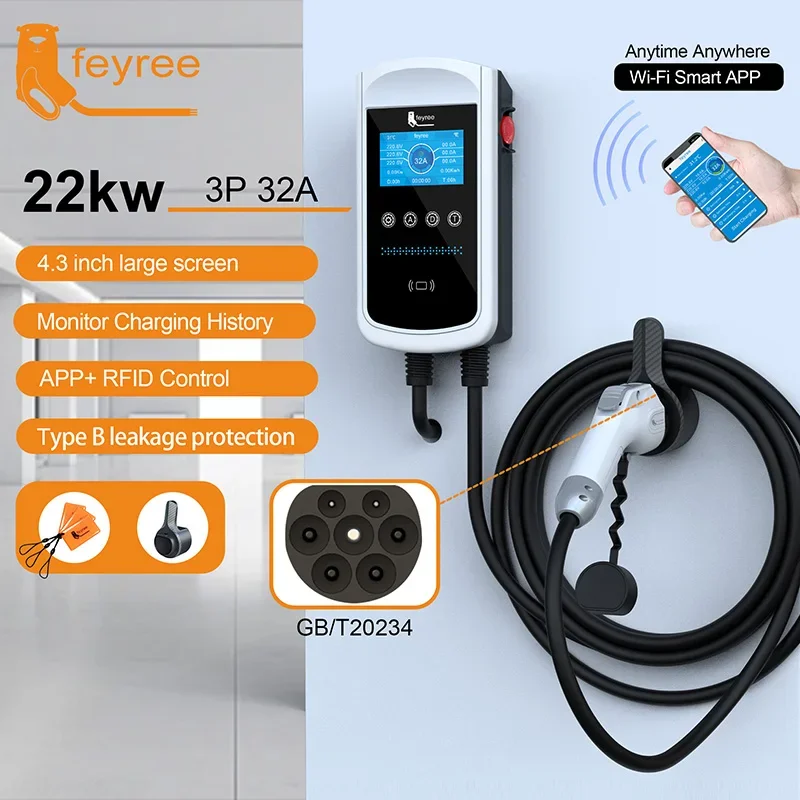 Feyree 32A ev charger GBT smart WIFI app 3 phase 22kw 4.3inch screen wallbox EV Wall Charger ac charging station