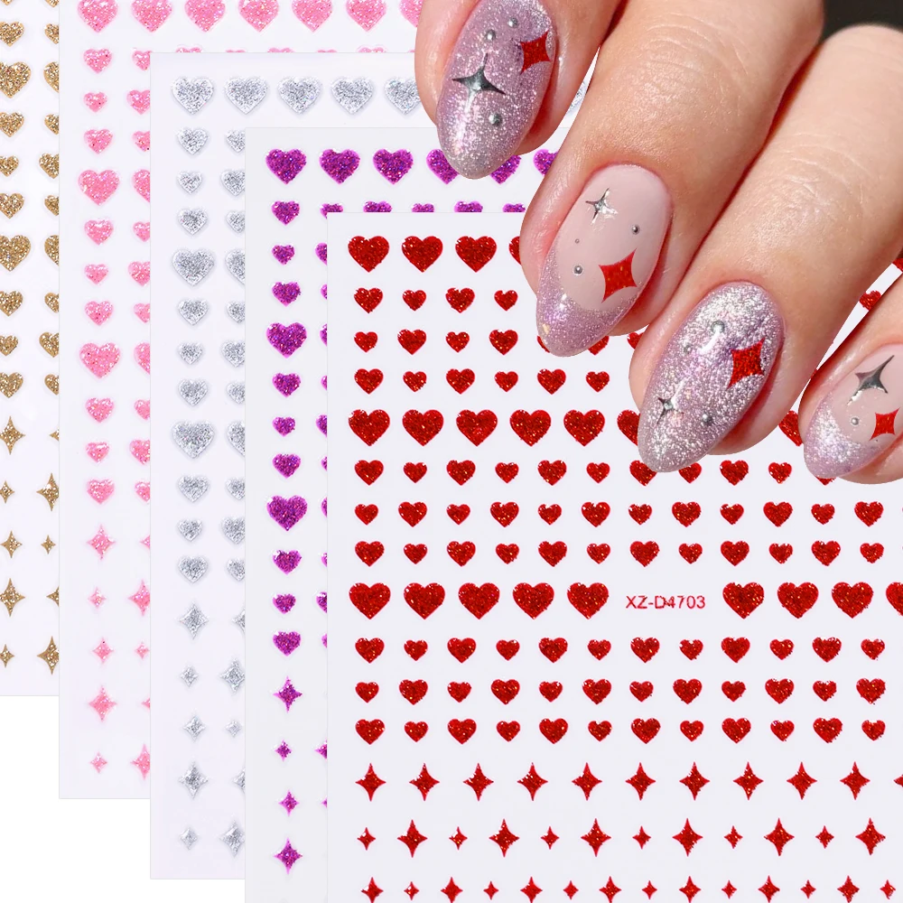 1Pc Glitter Love Heart Adesivo per unghie Rosso Rosa Viola Cuore Starlight Decalcomanie adesive Cursori di San Valentino Decorazione per manicure