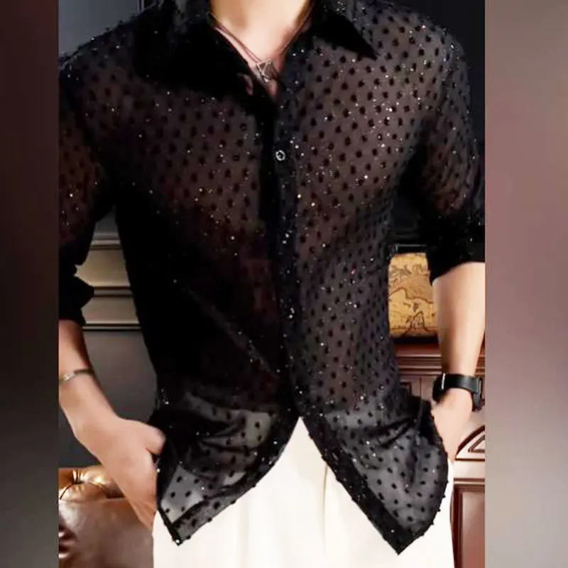 2023 Fall Vintage Fashion Black Dress Shirt Man Shirt Men\'s Hollow Mesh Lace Long Sleeve Loose Casual Shirts Male Streetwear