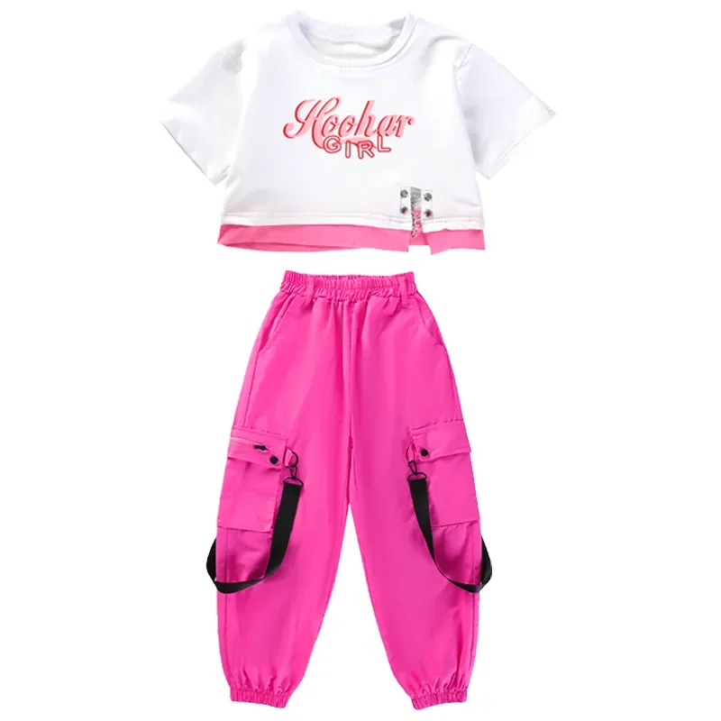 Girls Ballroom Jazz Dance Costume Set Clothes Kids Recital Outfits Hip Hop Clothing Crop Tank T Shirt Tops Pink Cargo Pants For