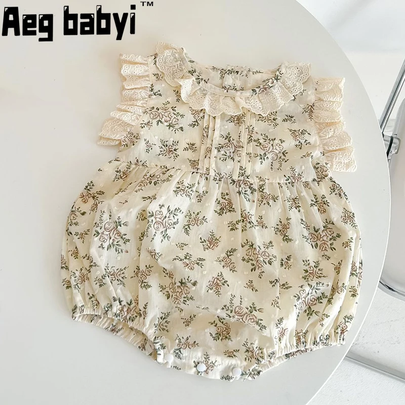 

​Baby Girls Clothes Bodysuits Summer New Vintage Floral Lace Flying Sleeves Cute Jumpsuit Princess Toddler Girls Cotton Clothing