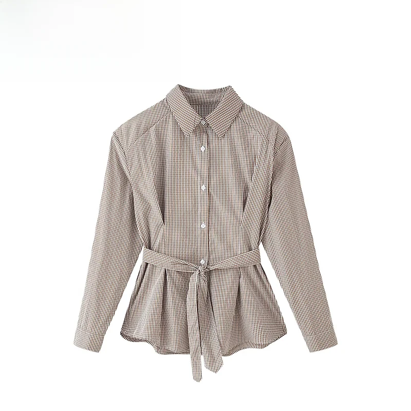 

Summer New Checkered Tie Design Women's Shirt Waist Cinching Turn-down Collar Polyester Long Sleeve Formal Casual Shirt