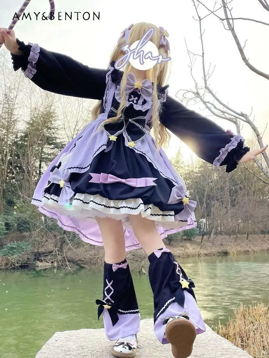 

Summer Black & Purple Sweet Gothic Lolita Dress with Star Bow Ruffle Long Sleeve Princess Cosplay Party Dress for Girls