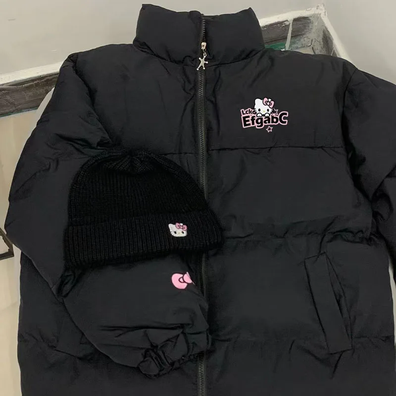 

Autumn Winter Hello Kittys Women Down Jacket Anime Sanrios Girls Thicken Hooded Coat Student Embroidery Tops Loose Warm Clothes