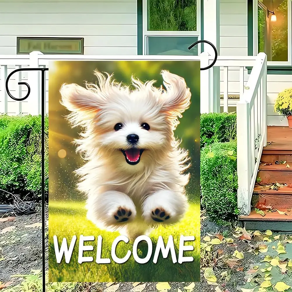 White Fluffy Dog Welcome Garden Flag Double Sided Polyester Cute Pet Outdoor Decor 12x18 Inch ZZA IIX SSL