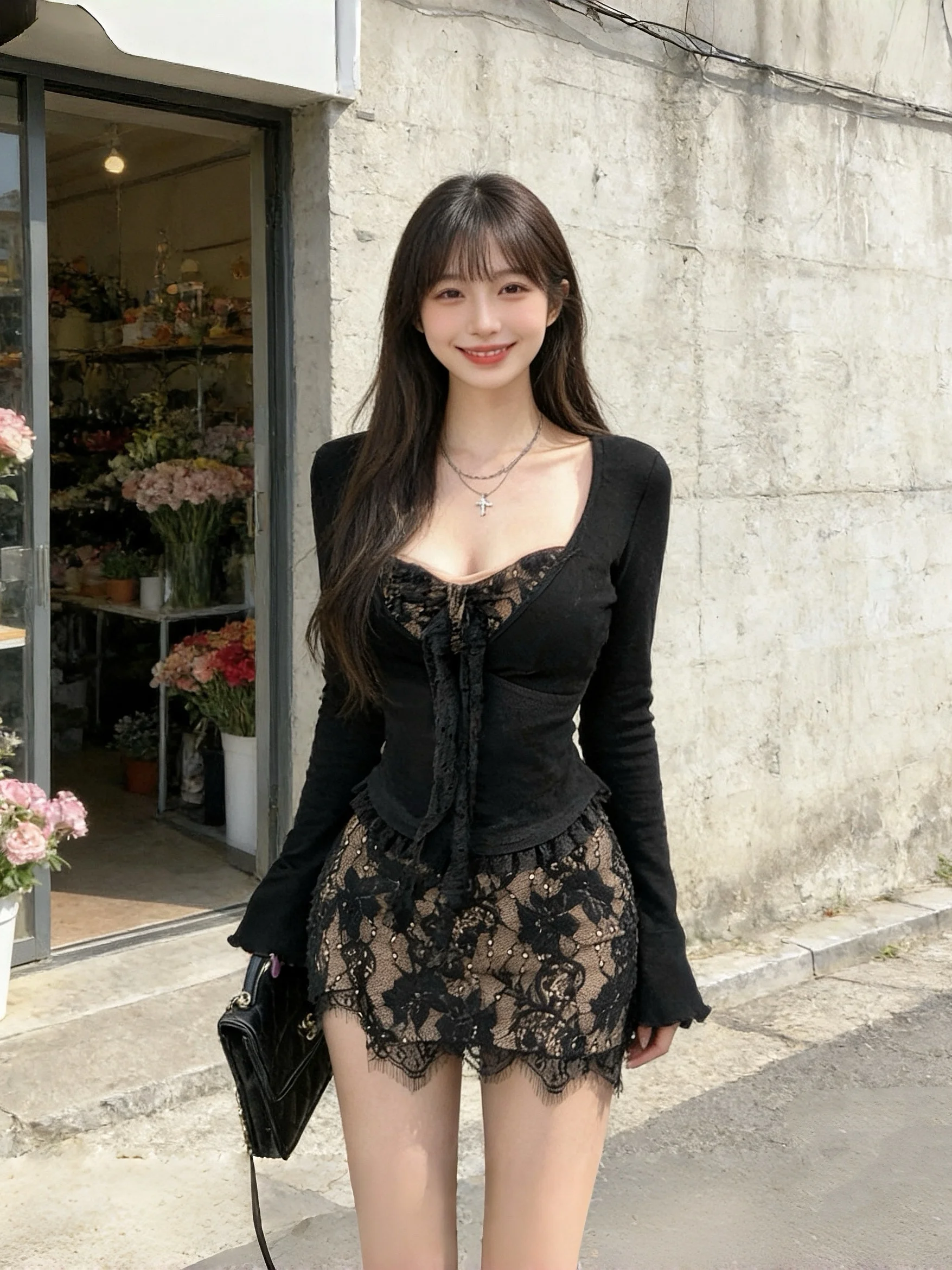 

Hebe Sle Bla Lace Splice Long Sve Square Collar Women's Slimming Top And Skirt Two-Piece Set Faionable Ele