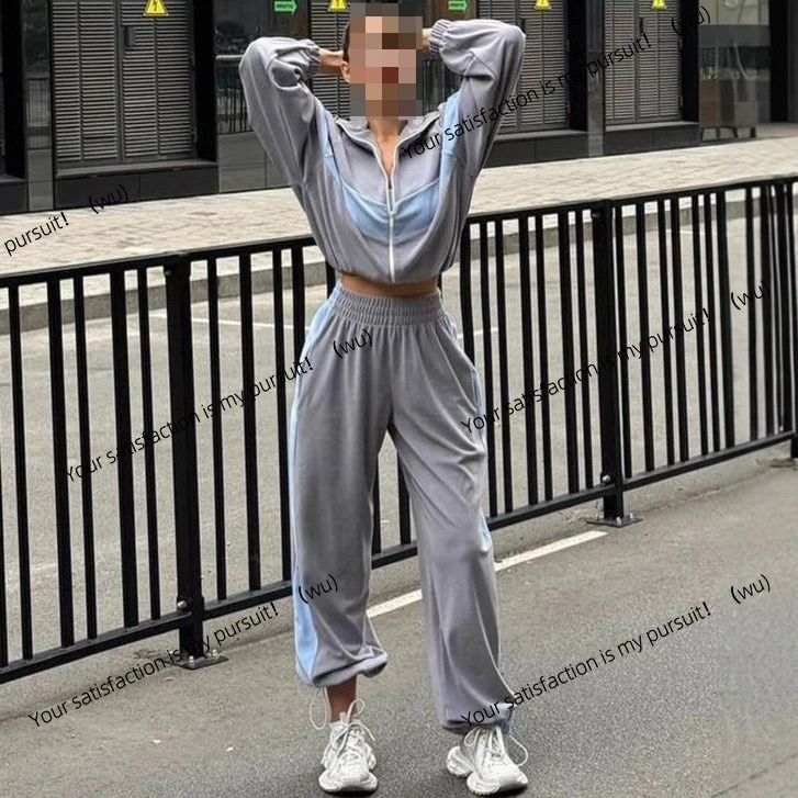 Trajes europeos y americanos de moda, trajes deportivos informales, pantalones tipo cárdigan con cremallera, traje de dos piezas para mujer