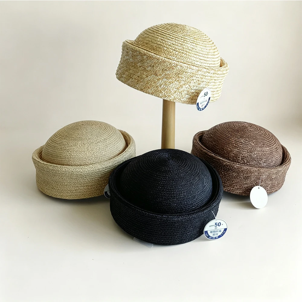 French Vintage Rolled Brim Wheat Straw Cloche Hat Women Hand Woven Round Top Short Brim Summer Sun Hat Elegant Outdoor Travel Be
