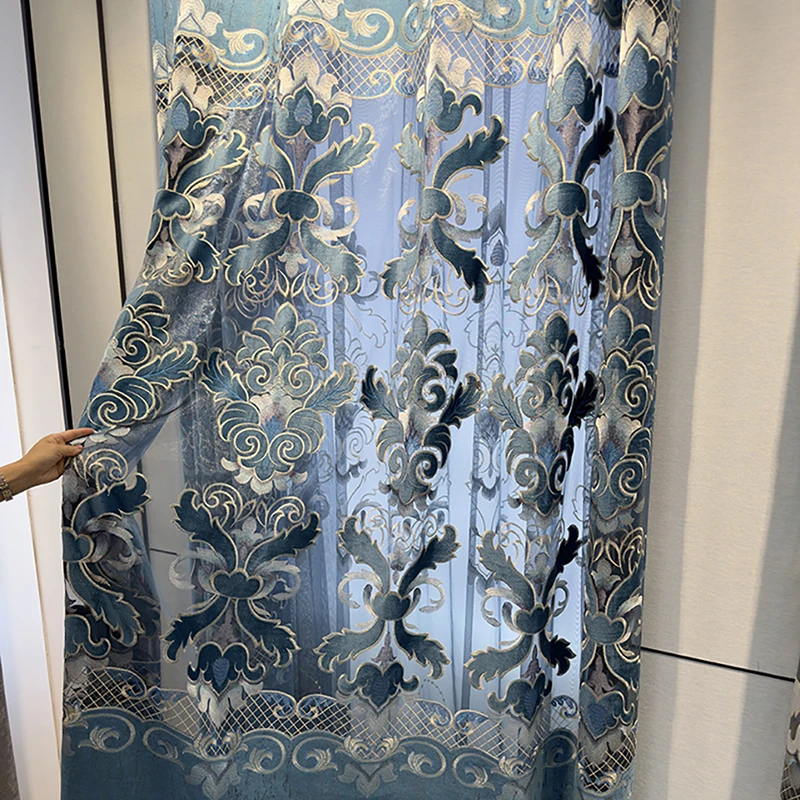 High-end Gray Chenille Fabric Atmosphere Blackout Curtains Simple European Living Room Hollow Embroidered Curtain Decor