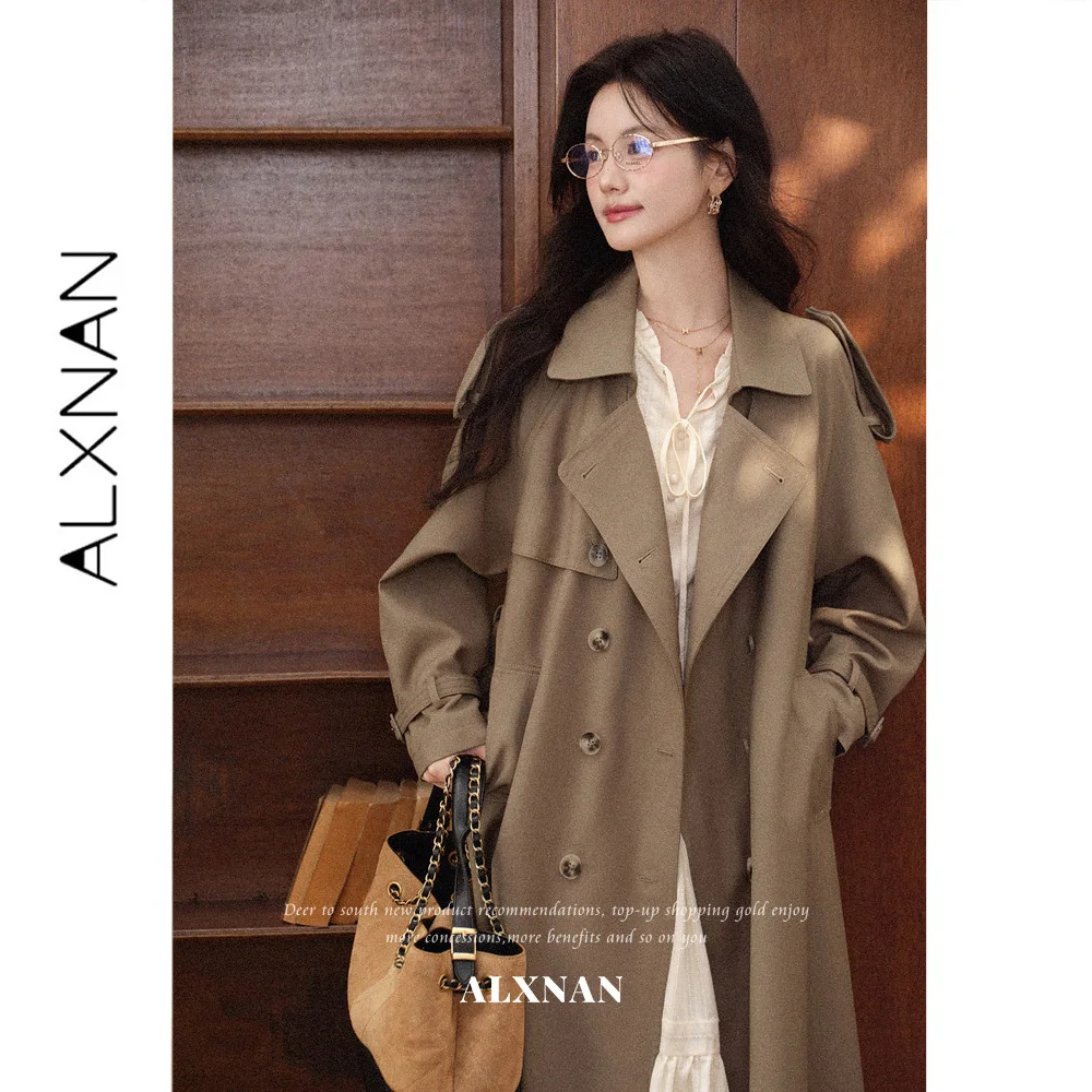 ALXNAN Brown Trench Coat Women 2026 Fall Long Sleeve Lapel Waist Tie Button Design Coat Elegant Fashion Female Outwears L68062