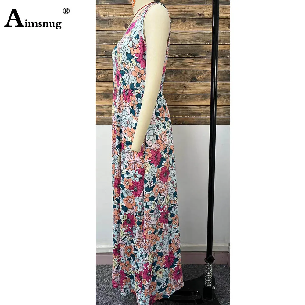 Elegante vestido maxi feminino, Sem mangas, Boho, Estampa de flores, Vestidos de praia, Corte alto, Longo, Hetero, Roupa feminina, Verão, 2024