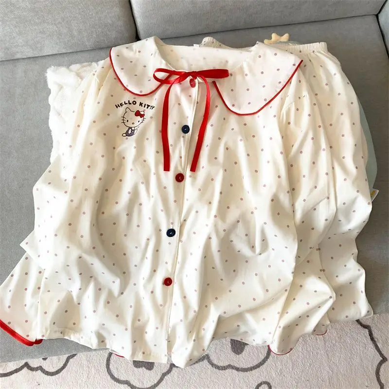 

Пижамный комплект Hello Kitty из мягкого хлопка для маленьких девочек, домашняя одежда, одежда для отдыха на открытом воздухе, новый стиль, весенне-осенний комплект с длинными рукавами, кавайный дизайн