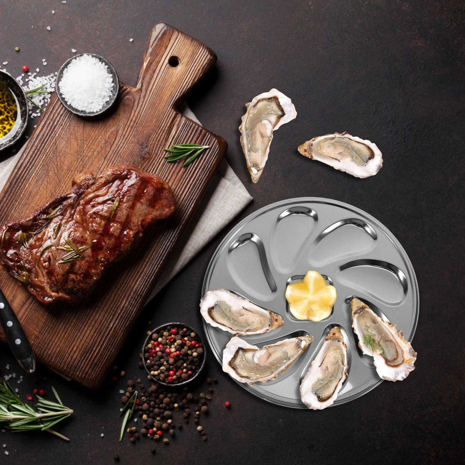 

2 pcs Stainless Steel Oyster Dish Round Serving Plate For Grilled Seafood Baking Clam Scallop Restaurant Use Oyster Platter