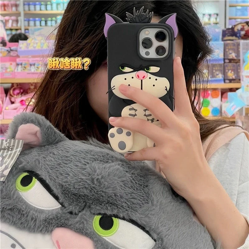 3D Phone Case for Iphone 11 12 13 14 15 Pro Max 14 15 Plus Cartoon Lucifer the Cat Stand Silicone Full Coverage Phone Cover