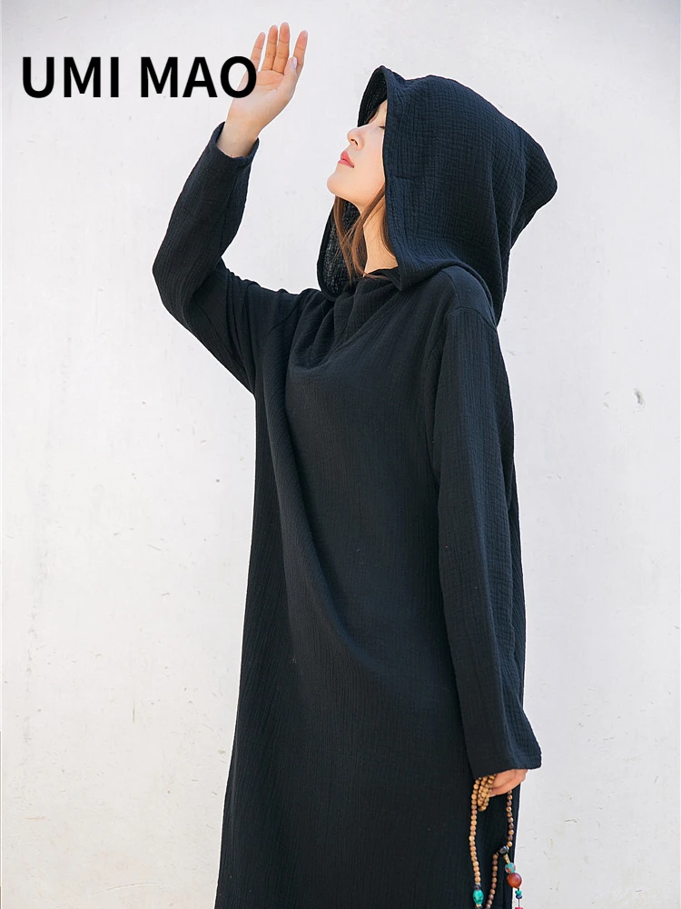 UMI MAO Spring Autumn Summer Yamamoto Dark Black Wind Chinese Style Retro Wizard Hat Long Loose Pullover Robe Dress Female