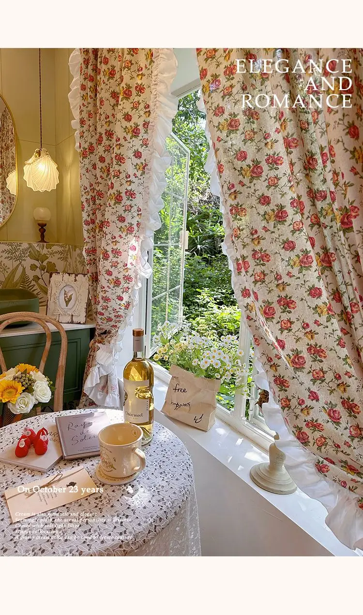 Amerikanische Rüschen vorhänge, bedruckte Rosen schlafzimmer im französischen Landschafts stil aus Spitze, Erkerfenster im Ins-Stil, Bildschirm vorhänge – Detail 9