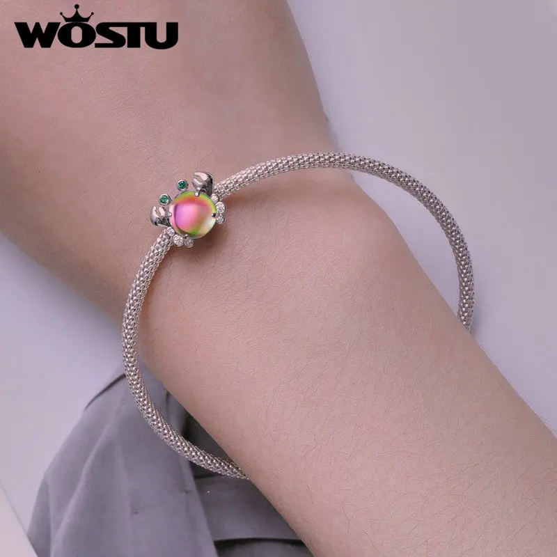 WOSTU 925 Sterling silver Cute Dazzling Crab Charm colourful Animal Beads For Women Fit DIY Bracelet Necklace Original Jewelry