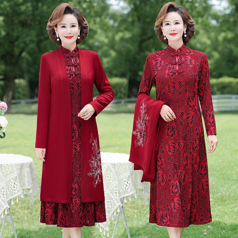 Vintage Mother Of the Bride Dresses Long Sleeve Knee-length Jacquard Knitted 2-piece set Dress Women Party Wedding Guest Dress