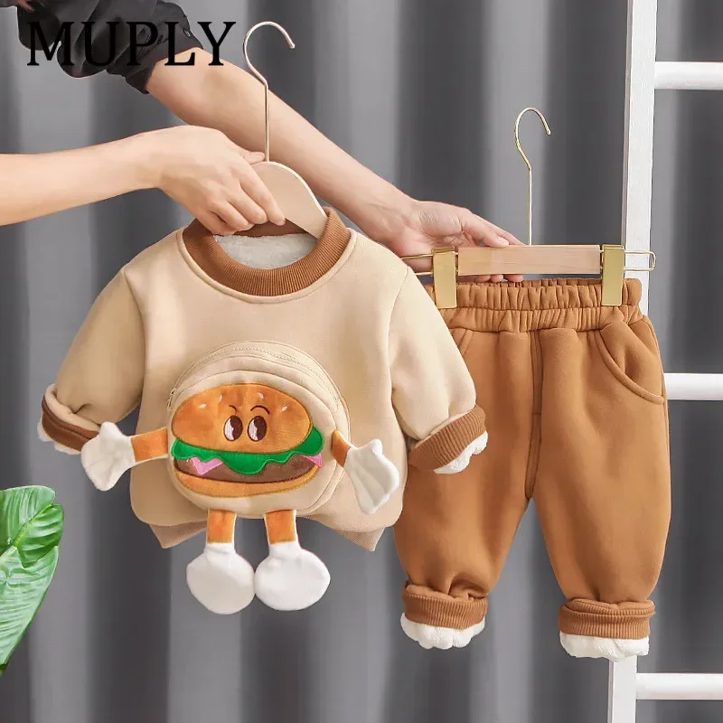 Unisex Winter Fleece Lined Thickened Burger Patterned Sweatshirt And Pants Children's Clothing Set for Babies And Toddlers