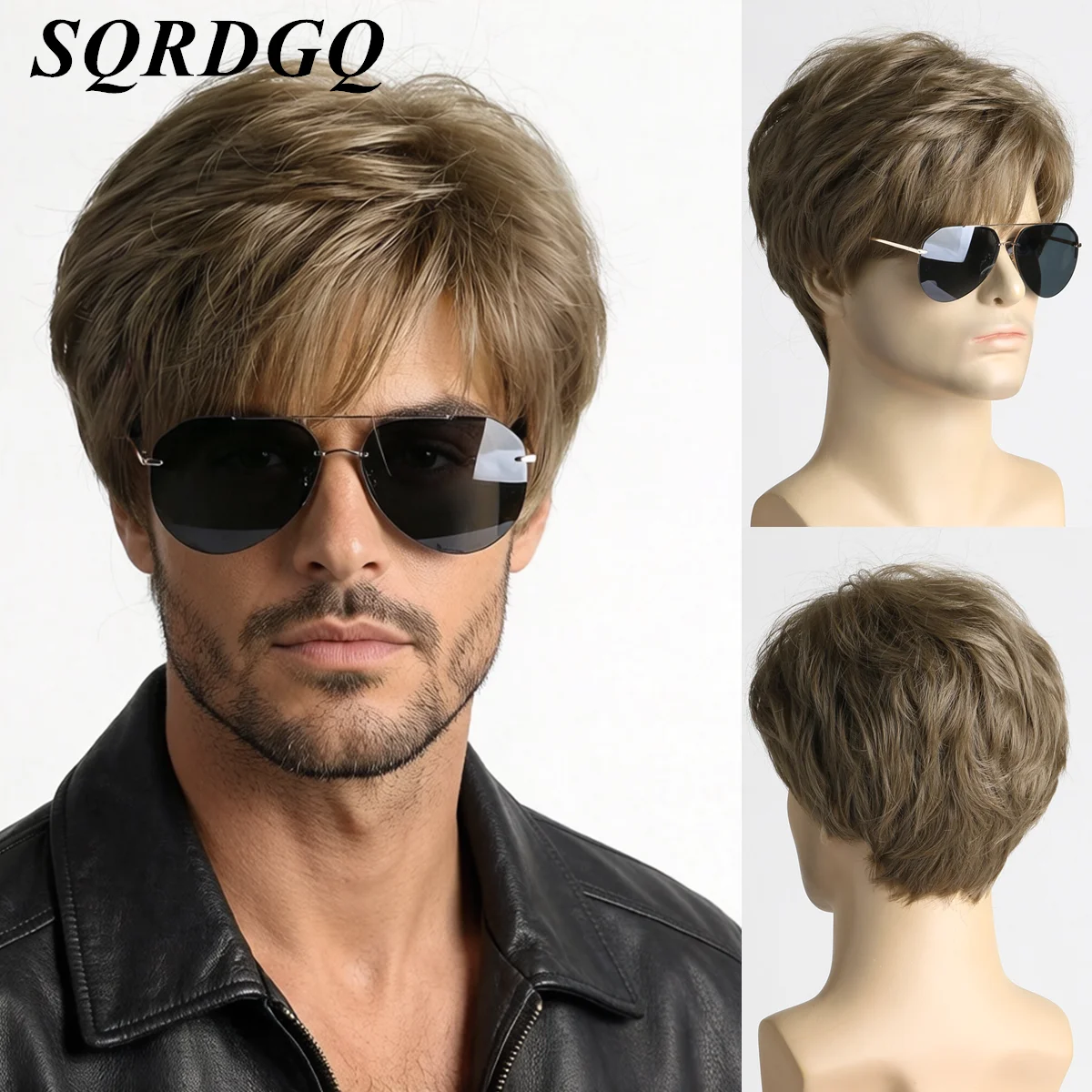 SQRDGQ Pelucas rectas de pelo sintético para hombres, peluca rubia marrón, peluca Natural corta masculina con flequillo, pelucas baratas en liquidación