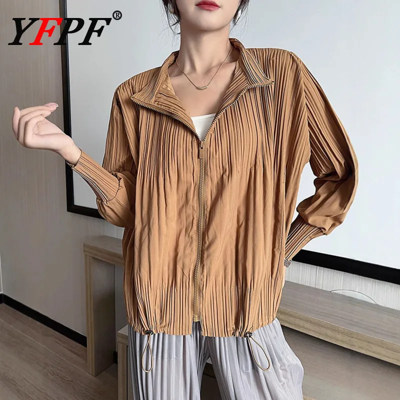 

YFPF 2025 Autumn New Jacket Women Fashion Lapel Zipper Pleated Drawstring Design Solid Color Coat Casual Outerwear Clothing