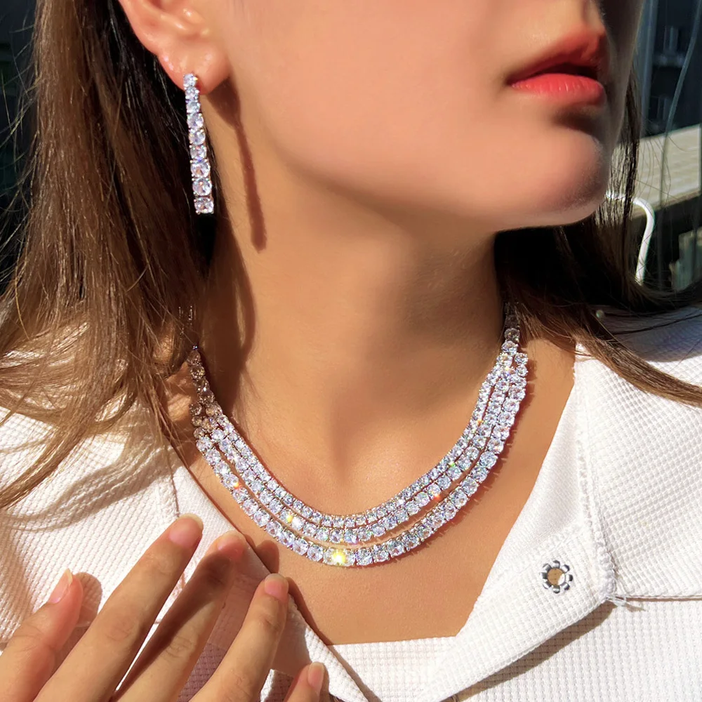 Pera Gorgeous Shiny Cubic Zirconia Multilayer Costume Necklace Earrings Women Wedding Bridal Party Jewelry Sets for Brides J399