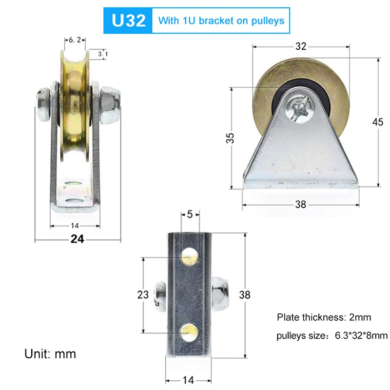 1 Set Bracket Pulley 6mm Wire Rope Pulley Fixed Roller Over-line Hanging Wheel Guide Wheel U Wheel 6.4*32*8