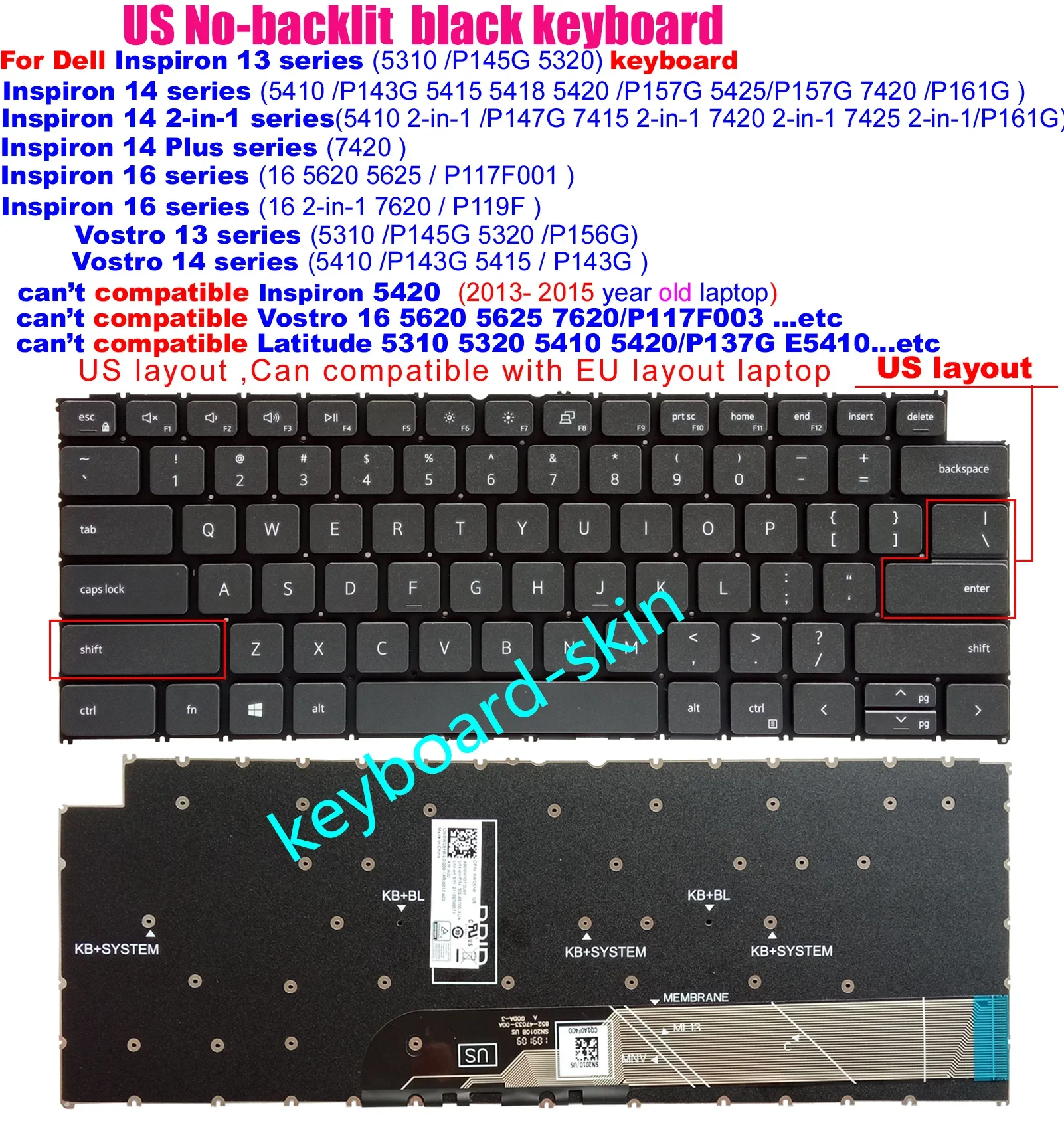 

New US No-backlit Keyboard For Dell 13.3"/14"inch Vostro 5310 P145G 5320 P156G 5410 5415 P143G Inspiron 5310 5320 5410 5415 5420