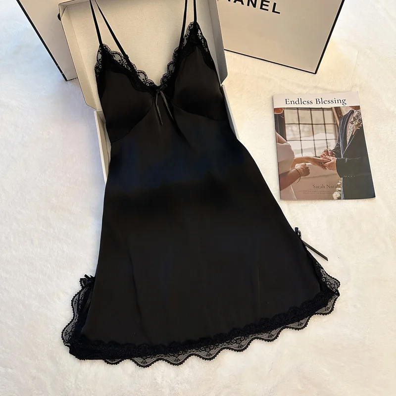Premium Solid Style Ice Silk Nightdress For Women Summer Sexy Lace Backless Slip Sleepwear With Built In Bra Loungewear